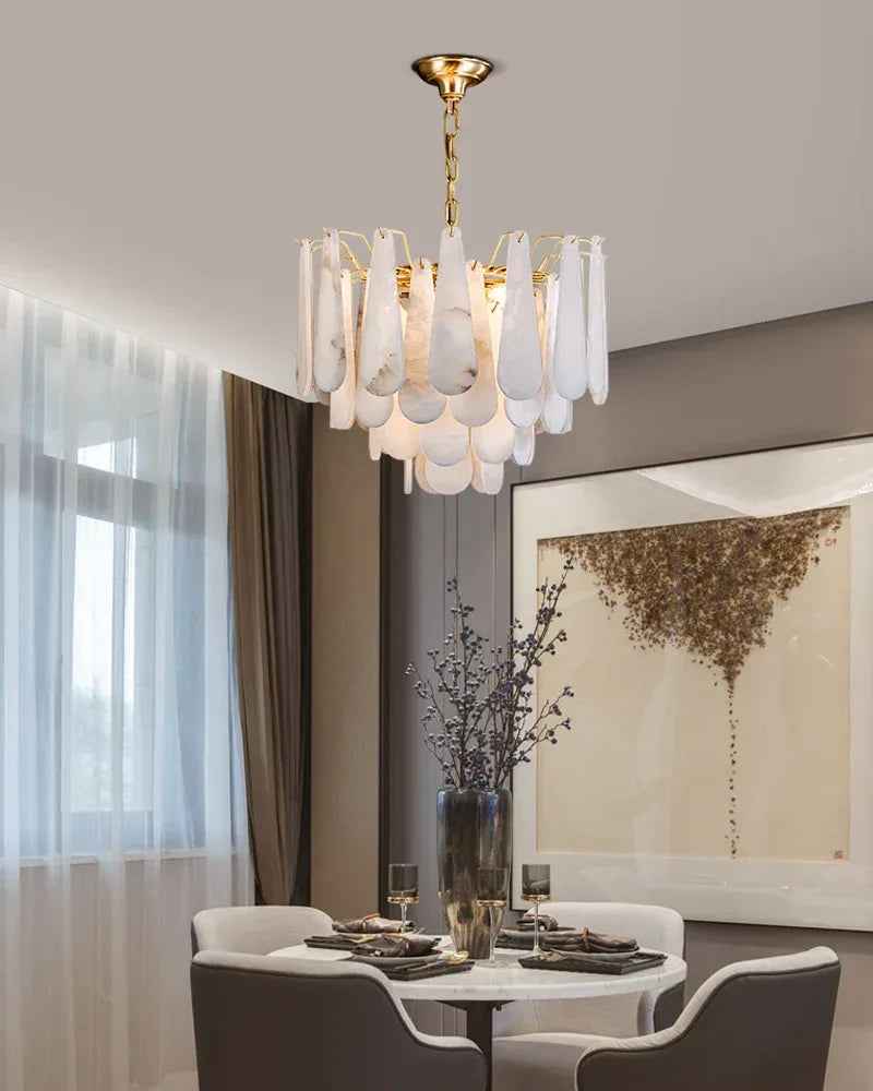 LightsStory Series Prismatic Chandelier | Minimalist Tiered Raindrop Thick marble-derived Alabaster, Natural Stone finish for Foyers, Entrances, and Dining Rooms American Vintage chandelier lamp