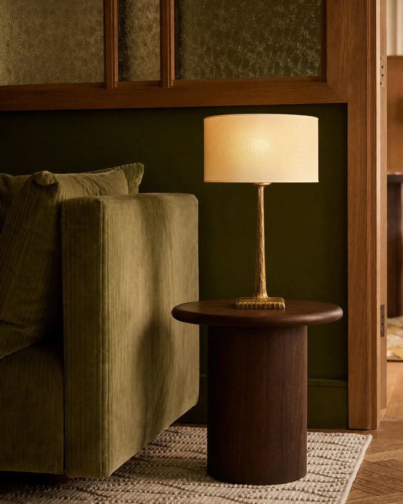 Classic Hammered Sculptural Trunk Drum Table Lamp - Matte Hammered Brass Stem & Fabric Drum - Bedroom & Living Rooms