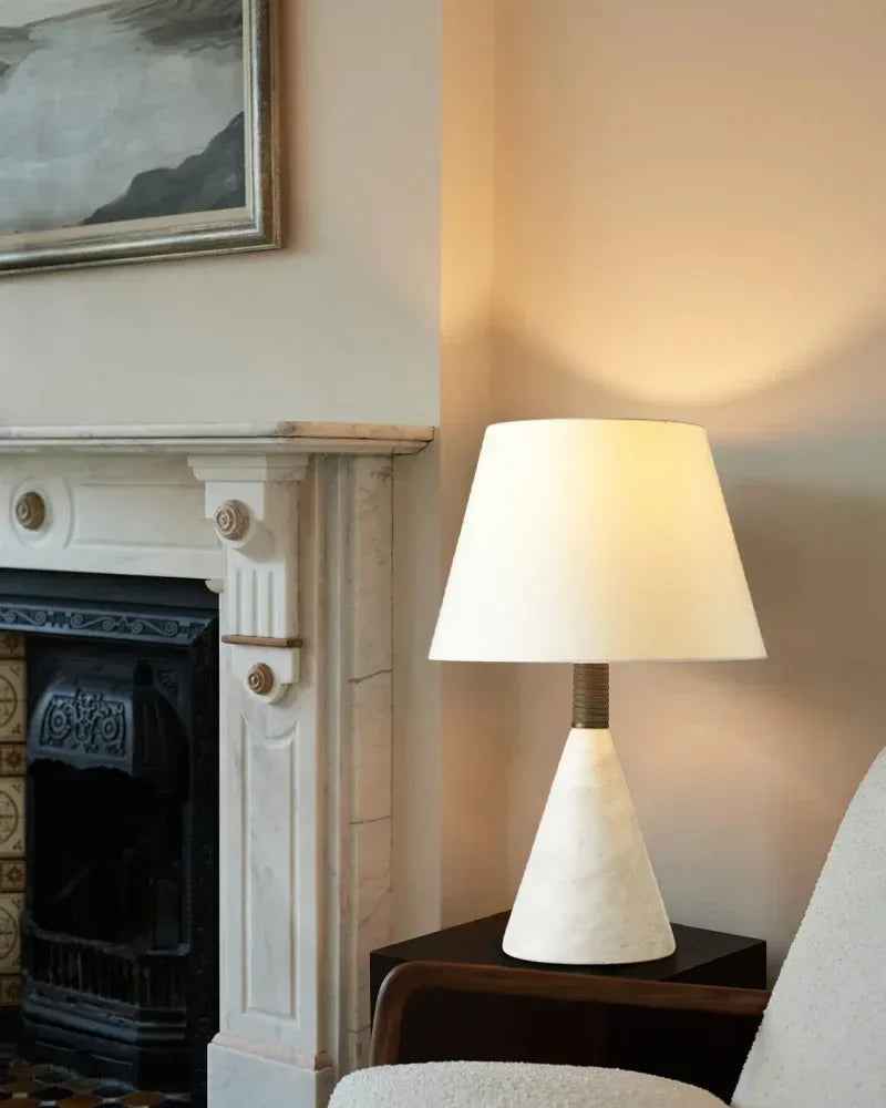 Ciccio Series Geometric Table Lamp | Drum Silhouette Natural Alabaster and Brass, Polished Brass finish for Living rooms, bedrooms, and home offices Vintage table lamp