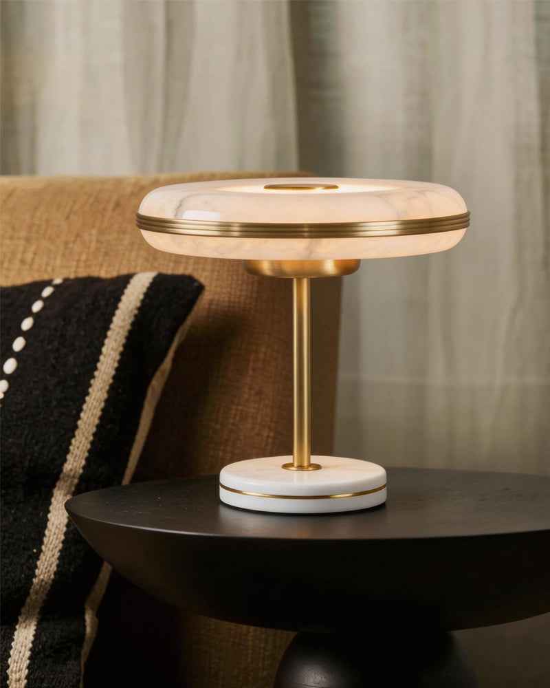 Alabaster Round Table Light - White Stone - Colorful Base - LED - Small
