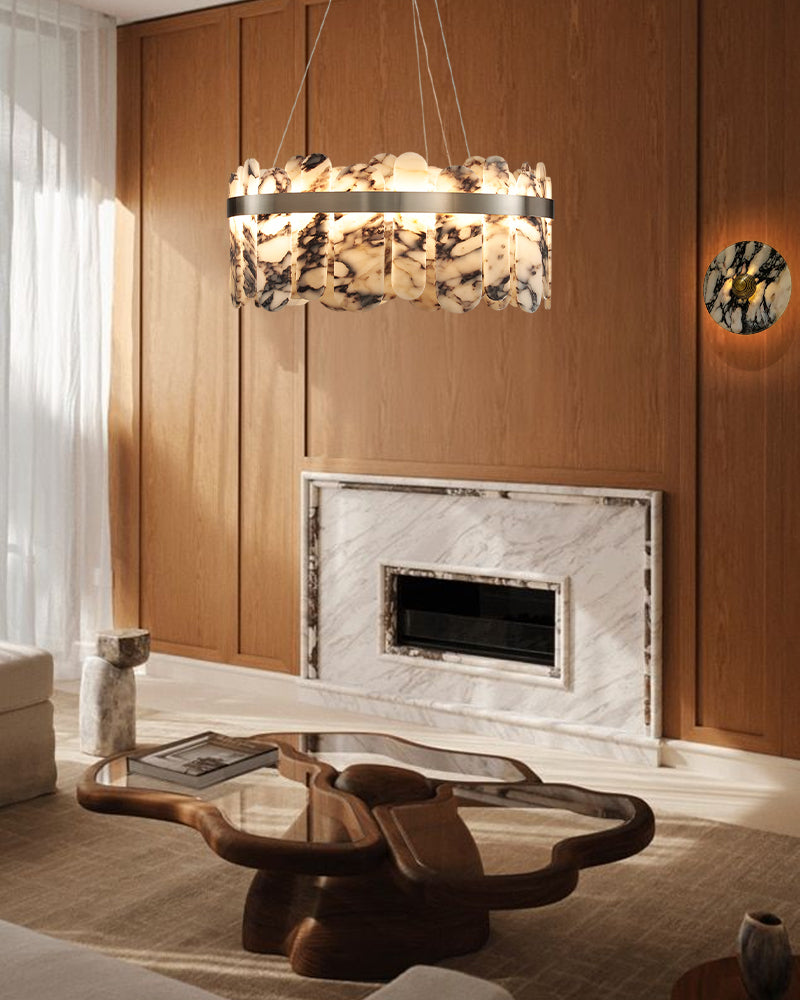Modern LED Marble Round Chandelier 24" 32" Brushed Gold/Silver/Black Circle Frame