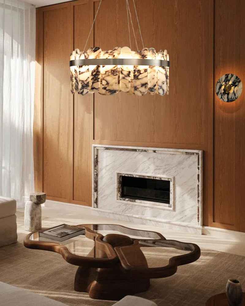LightsStory Series Geometric Chandelier | Circular Frame Natural Spanish alabaster tiles with stainless steel frame, Brushed Gold, Silver, and Black for Living, dining, and bedroom spaces Luxury Modern Chandelier