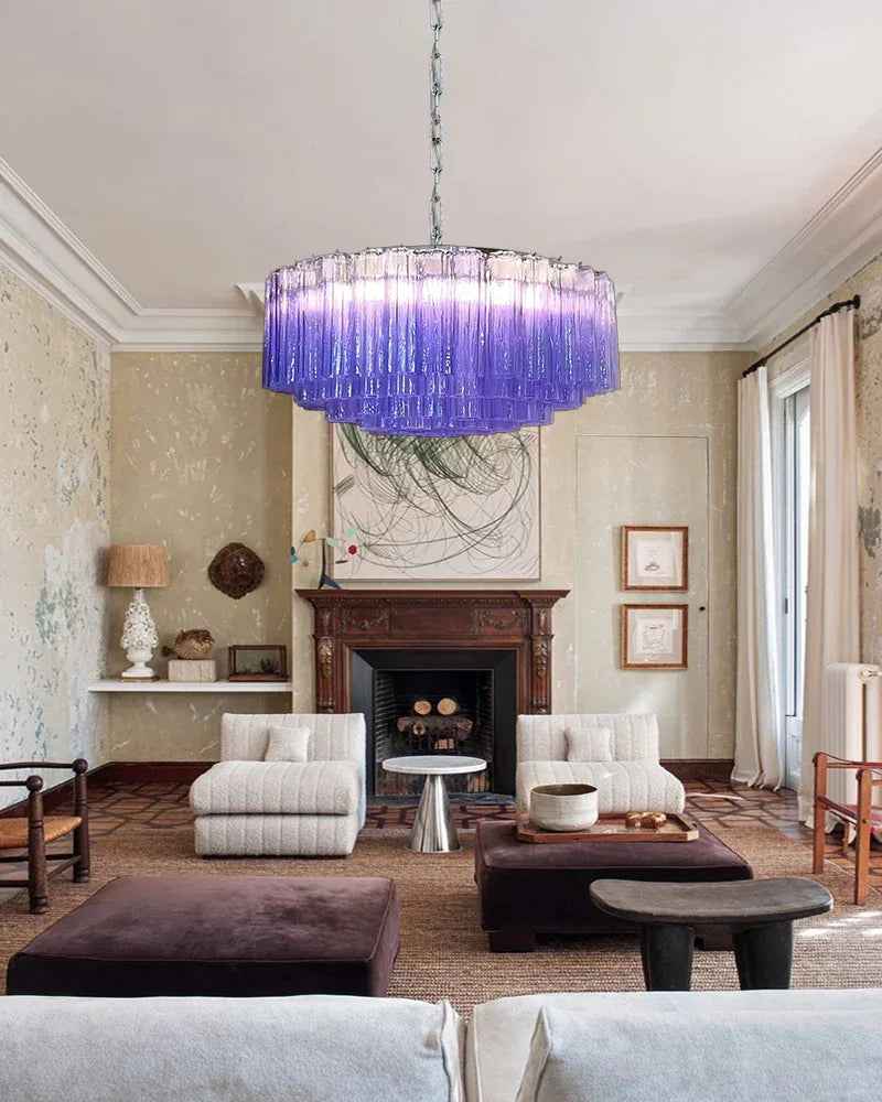 Cortina Series Cascading Chandelier | Multi-tiered Fluted Glass Handcrafted Fluted Murano-Inspired Glass, Satin Brass for Grand Entrances and Dining Rooms American chandelier