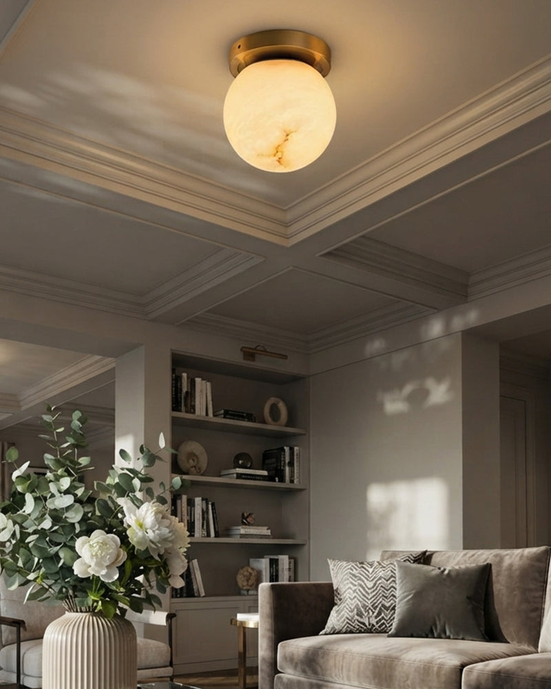 Alabaster Globe Sphere Ceiling Light - Natural Spanish Alabaster Orb, Flush Mount, Heritage Brass Trim - Bedrooms, Hallways, Bathrooms & Living Rooms