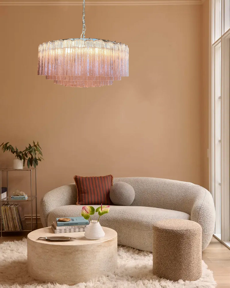 Cortina Murano Glass Blush Rose Pink Fluted Prism Drum Chandelier - Hand Blown Murano Glass, Serene Chrome Trim - Living Rooms, Bedrooms, Dining Rooms