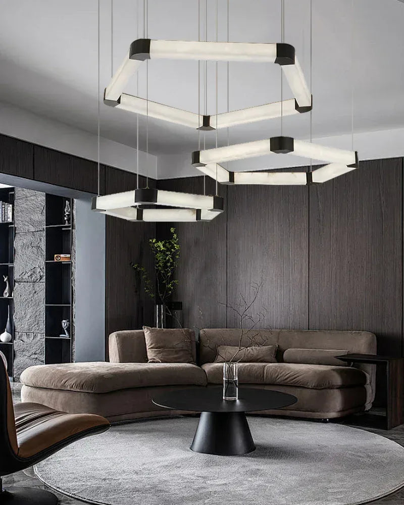 Black Stainless String Alabaster Double Pentagons Ring Chandelier Lamp,106W American Vintage chandelier lamp