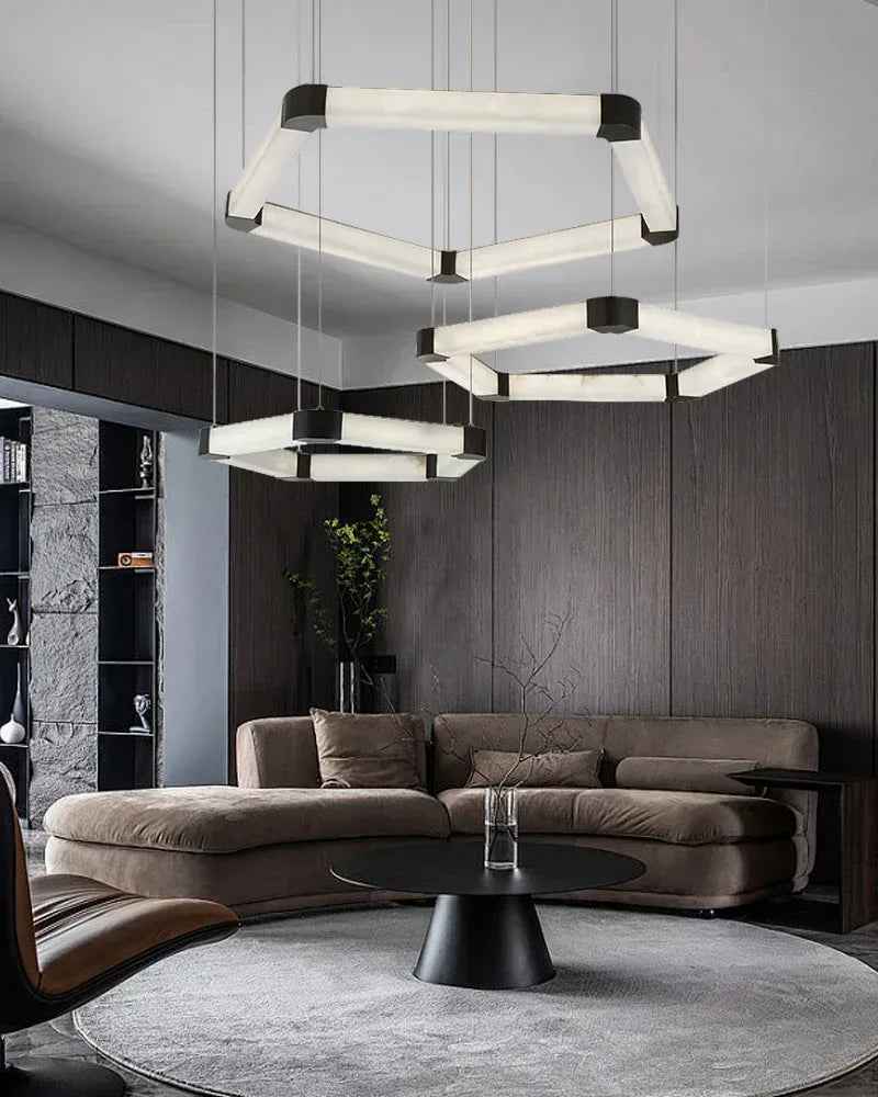 LightsStory Series Geometric Chandelier | Double Pentagons Ring Natural Alabaster and Polished Stainless Steel, Polished Stainless Steel finish for Dining rooms, lobbies, or offices American Vintage chandelier lamp