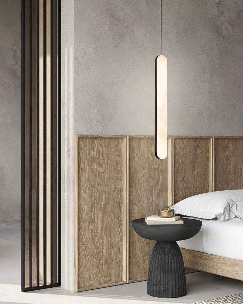 Cadiz Series Geometric Pendant Light | Elongated Cylinder Spanish Alabaster with slender metallic straps, Aged Brass and Antique Black finish for Kitchen Islands and Dining Areas Modern Pendant lamp