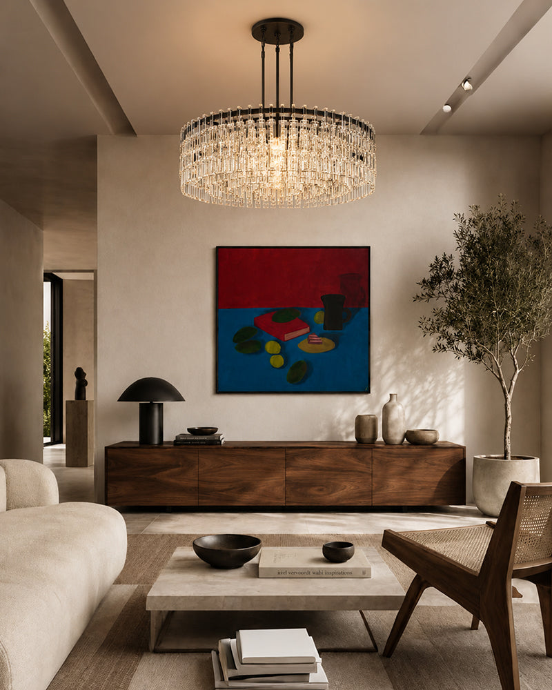 Montreux K9 Crystal Swirl Multi Tiered Glass Prism Halo Drum Chandelier - K9 Crystal, Lux Gold Trim - Living Rooms, Bedrooms, Dining Rooms