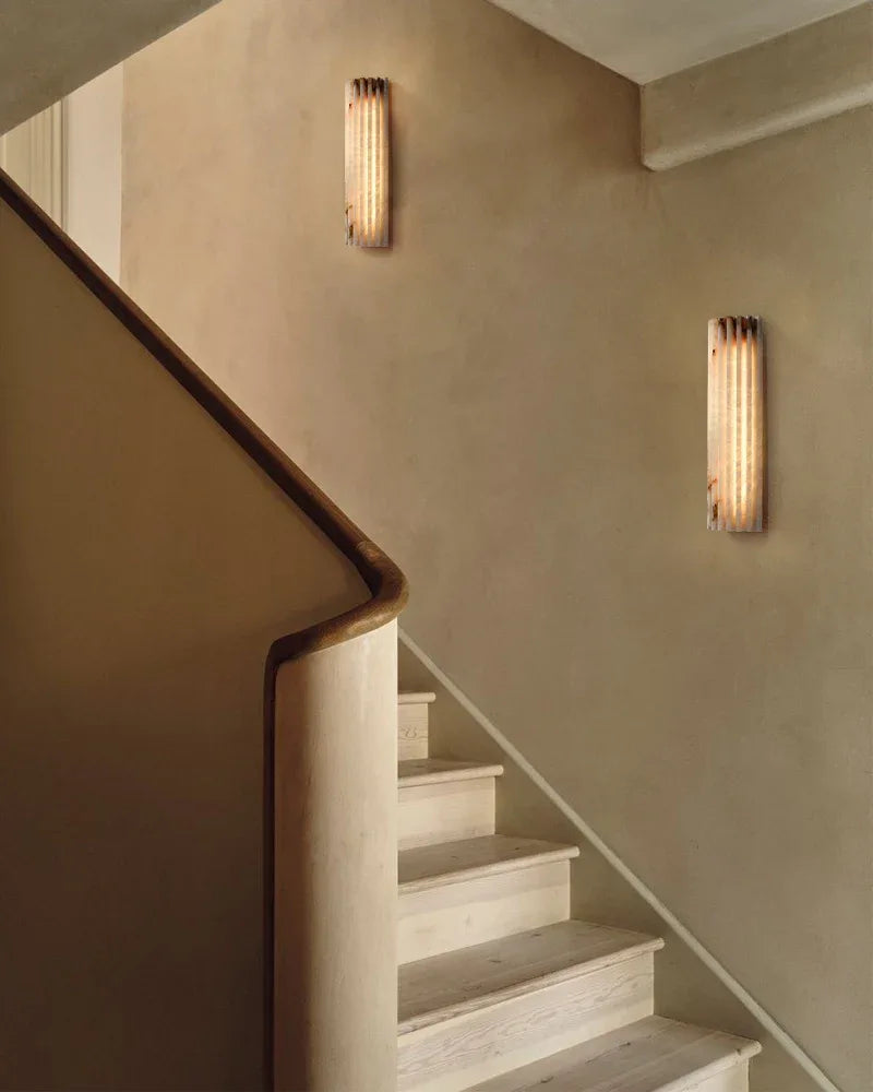 LightsStory Series Geometric Wall Sconce | Flush-mount Hand-carved Spanish Alabaster and Aged Brass, Aged Brass finish for hallways, bedrooms, and accent walls Brass Aged Wall Sconces