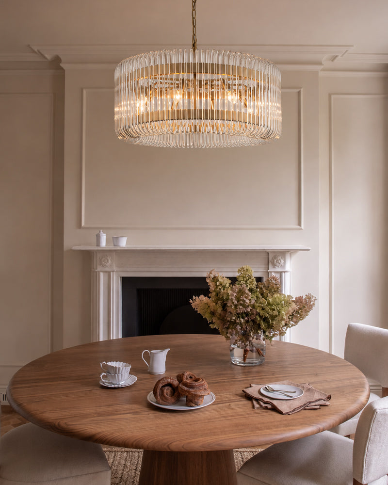 Solstice Aura Fluted Glass Round Drum Pendant Light - Lux Gold Trim - Living Rooms & Dining Rooms