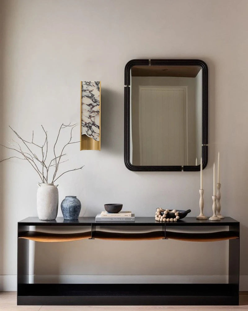 Lightsstory Series Alabaster Wall Sconces | Square Nature Stone Brass&Black Metal LED Wall Light Fixtures Flush Mounted Wall Sconce Lamp