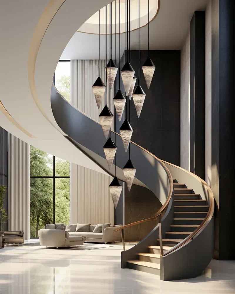 LightsStory Series Ethereal Pendant Light | Conical Cluster Natural Alabaster Shades with Brass and Black Metal Accents, Polished Brass and Sleek Black Metal for Stairwells, Dining Rooms, and Entryways Modern Pendant lamp