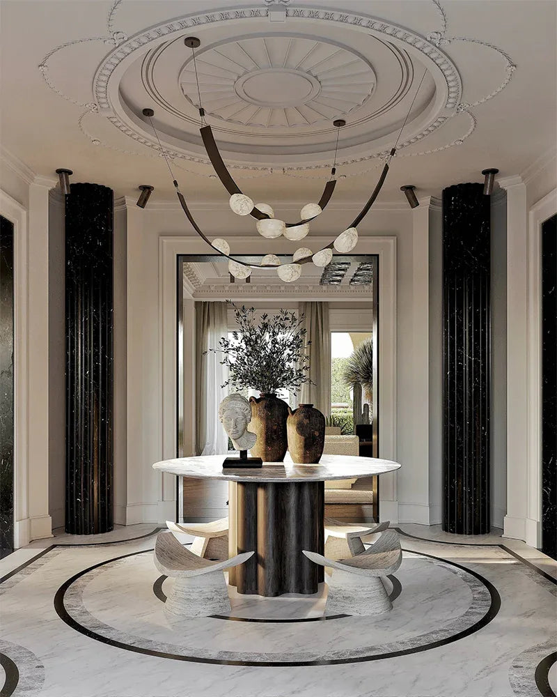 Semi-Oval Marble Chandeliers with U-shaped leather strip,5/7-light on one belt Modern Pendant lamp