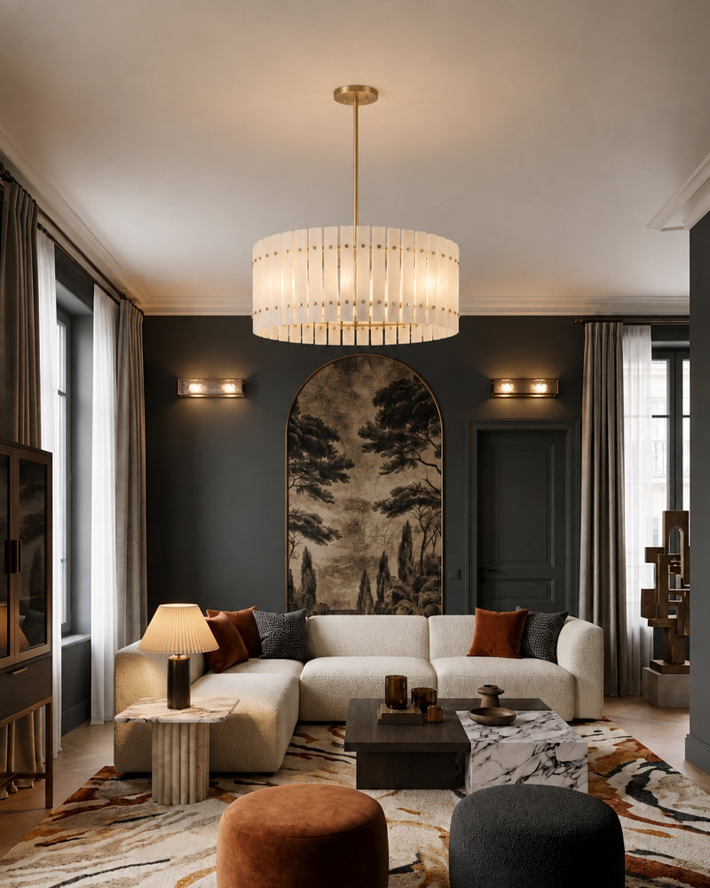 Burton Alabaster Gold Studded Panel Drum Pendant Light - Natural Spanish Alabaster Panels, Lux Gold Trim - Living Rooms & Dining Rooms