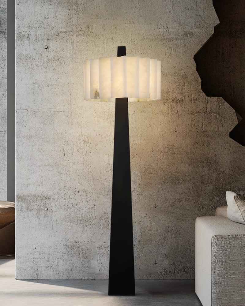LightsStory Series Geometric Floor Lamp | Sculptural Minimalism Hand-Carved Spanish Nature Alabaster, Black Stainless Steel base for Living Rooms and Reading Nooks American standing floor lamp