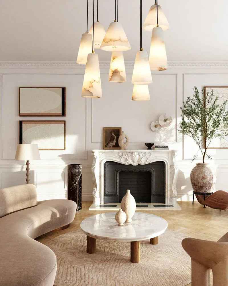 LightsStory Series Ethereal Pendant Light | Cone Hand-polished Spanish alabaster, Corrosion-resistant metal base for Kitchen islands, living rooms, bedrooms, and entryways Modern Pendant lamp