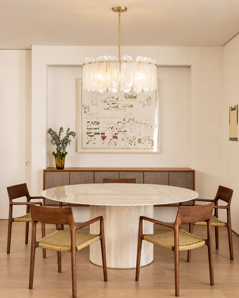 Etienne Glass Petal and Gold Trim Drum Pendant Light - Lux Gold Trim Downrod - Dining Rooms & Living Rooms