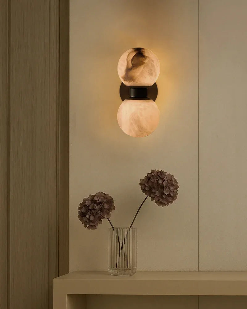 Modern LED Dual Alabaster Globe Wall Light Fixtures Wide 3" 5" | Brass/Black Metal Modern Art Design Wall Lamp