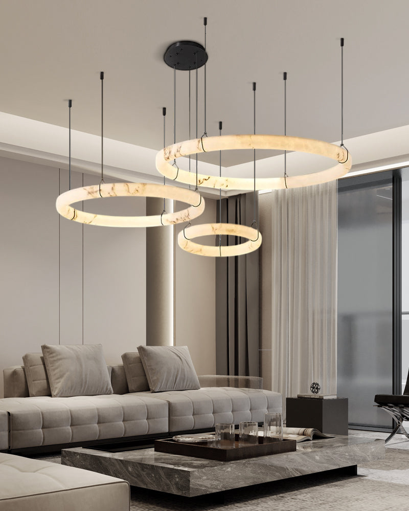 Black Metal Modern Round Ring Alabaster Pendant Light, Width 3.15"