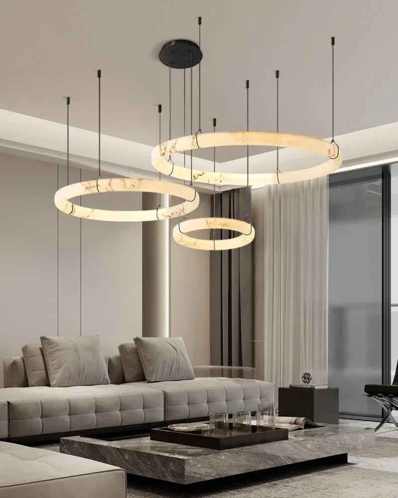 LightsStory Series Geometric Pendant Light | Triple Round Ring Natural Alabaster and Durable Metal, Matte Black finish for Kitchen Islands and Dining Rooms Vintage Simple Pendant Lamp