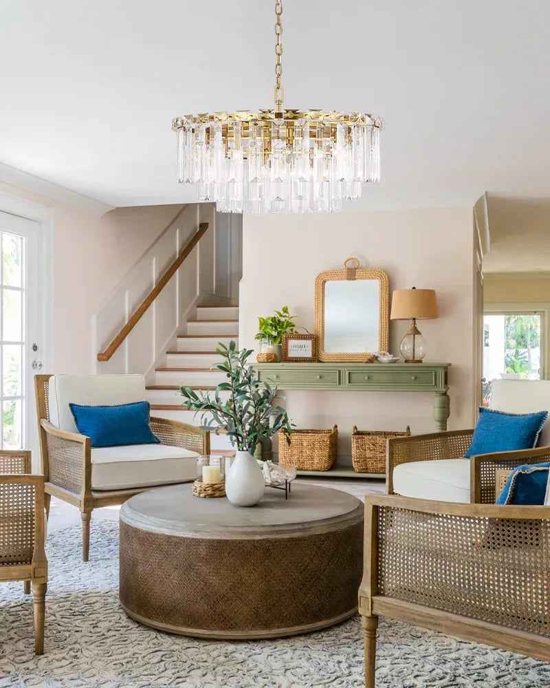 Gstaad Series Grand Chandelier | Tiered Cut-Clear Glass Layered tiers of cut-clear glass crystals with a solid stainless steel frame, Gold, Black, and Chrome Stainless finish for Entryways, dining rooms, and great rooms American chandelier
