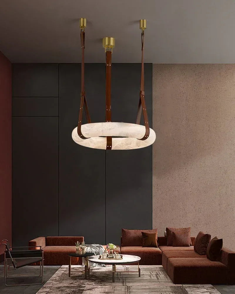 American Coastal LED Round White Marble Pendant Lighting with Brown Leather Belt American chandelier