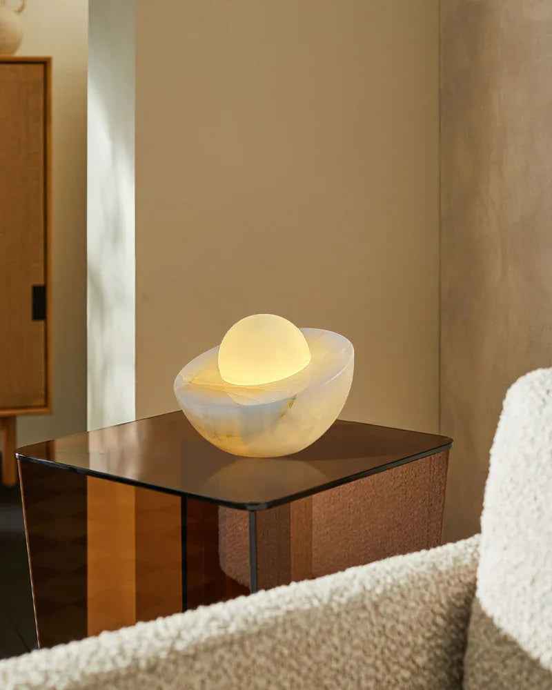 LightsStory Series Ethereal Table Lamp | Round Bowl Handcrafted Natural Solid Stone and Frosted Glass, Natural Stone Veining with Frosted Glass for Bedrooms, Nightstands, and Cozy Corners Modern Table lamp