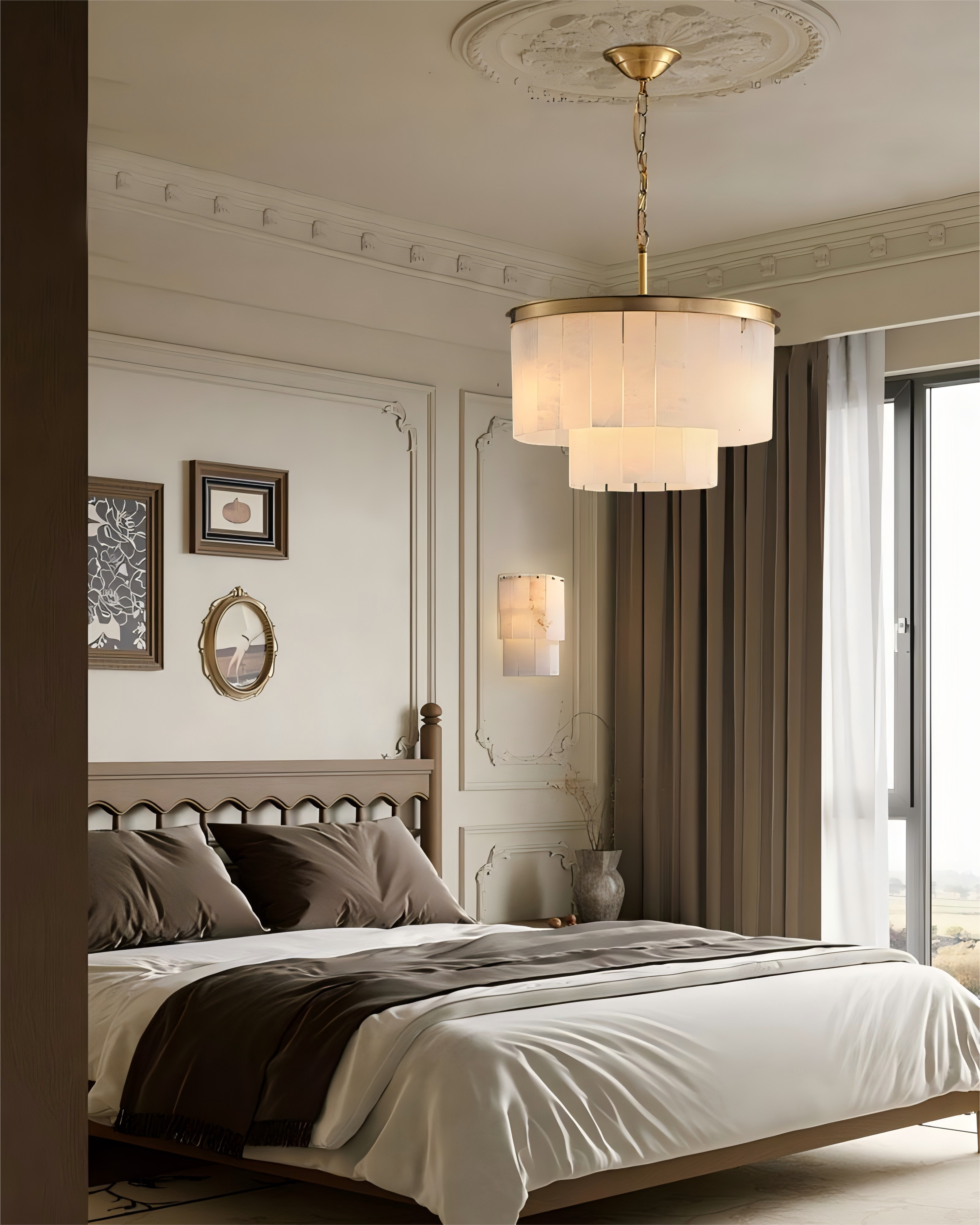 Modern bedroom with a brass chandelier, marble wall sconce, and neutral decor.