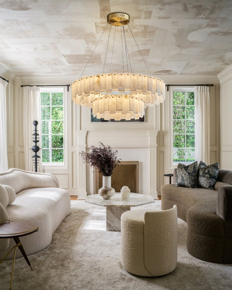 2-Tier white marble round chandelier for living room
