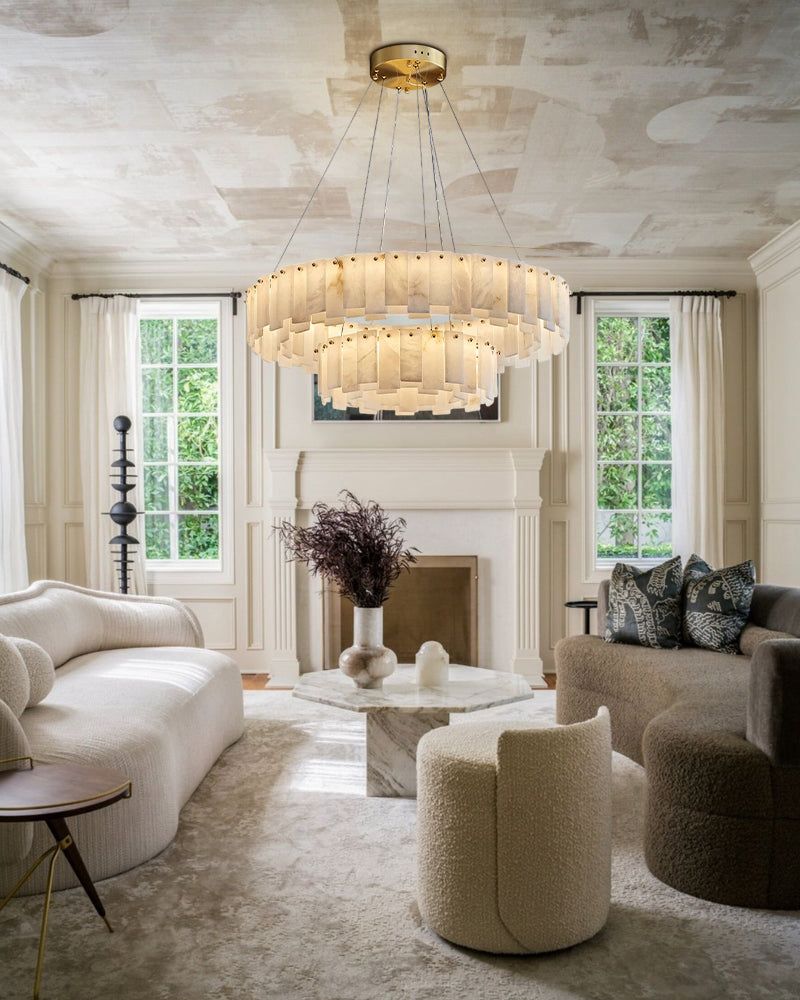 2-Tier white marble round chandelier for living room
