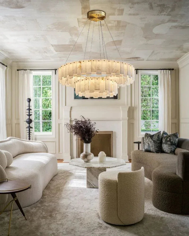 LightsStory Series Geometric Chandelier | Double Tier Polished White Marble, Luxury Brass finish for Spacious rooms and high ceilings American chandelier