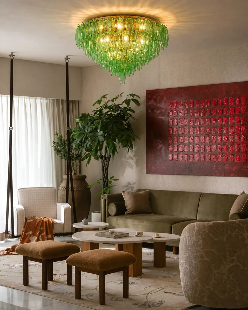 Murano Emerald Green Cascading Prism Ceiling Light - Flush Mount, Lux Gold Trim - Bedrooms & Living Rooms