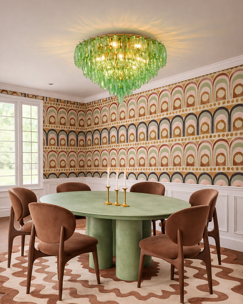 Murano Emerald Green Cascading Prism Ceiling Light - Flush Mount, Lux Gold Trim - Bedrooms & Living Rooms