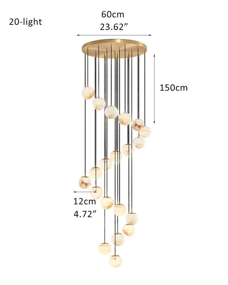 20-light marble pendant lamp with alabaster orbs and gold mount, dimensions 60cm height.