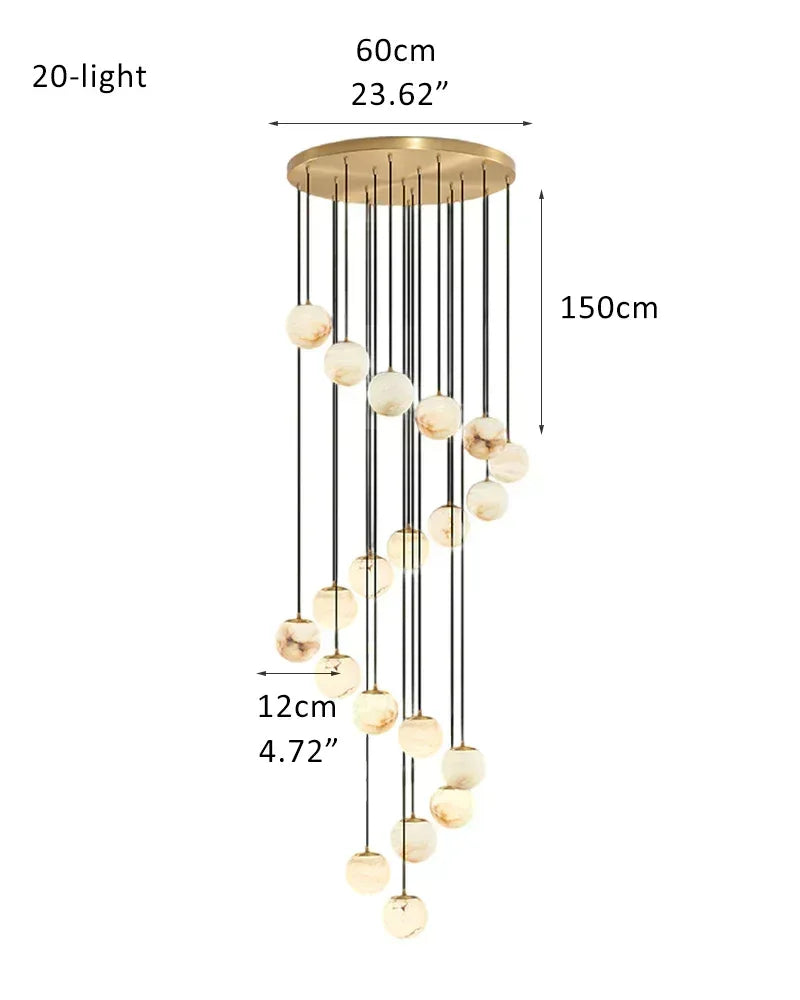 16-light Cluster Alabaster Globes Ceiling Staircase Pendant Lighting with adjustable cord 20-light-D12cm D4.72" White + Brass Modern Pendant lamp