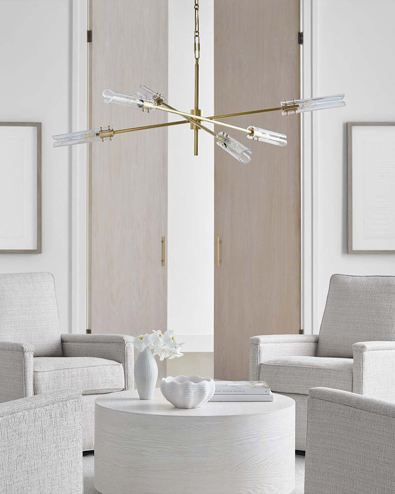 Brushed Chrome Metalwork Chandelier with Textured Slender Clear Glass Cylinders