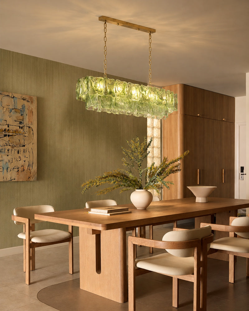 Chiara Murano Glass Contemporary Citrus Green Panel Linear Chandelier - Lux Gold Trim - Kitchen Islands & Dining Rooms