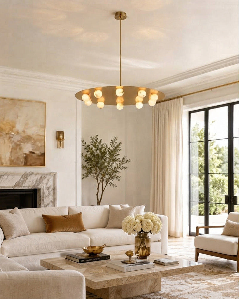 Alabaster Sphere Globes Gold Disc Canopy Pendant Light - Natural Spanish Alabaster Orbs, Lux Gold Trim - Kitchens, Dining & Living Rooms