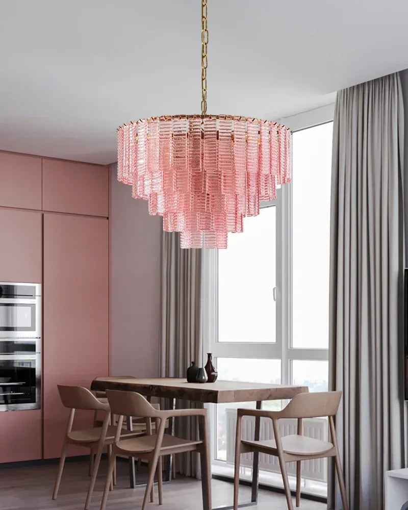Cassis Series Geometric Chandelier | Concentric Ridged Glass Tiers Hand-crafted Ridged Smoke Glass, Polished Metal Frame for Grand Foyers and Luxury Hotel Lobbies American chandelier