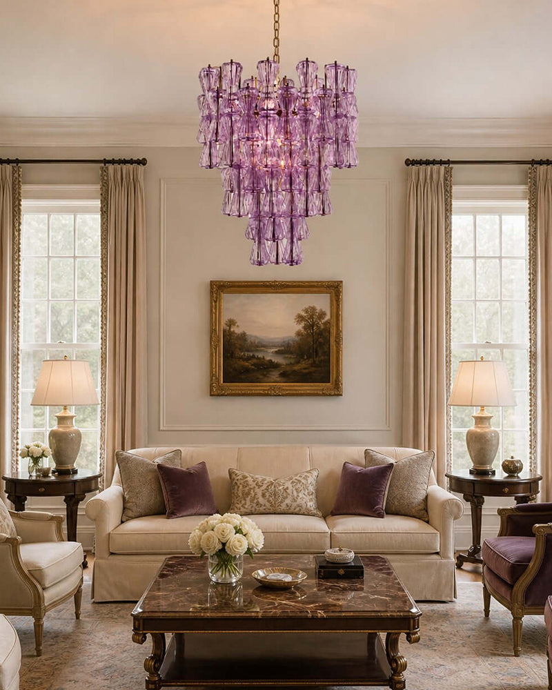 Murano Glass Cascade Tiered Chandelier - Amber & Clear & Green Glass