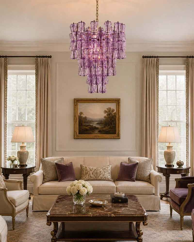 Murano Glass Cascade Tiered Chandelier - Amber & Clear & Green Glass