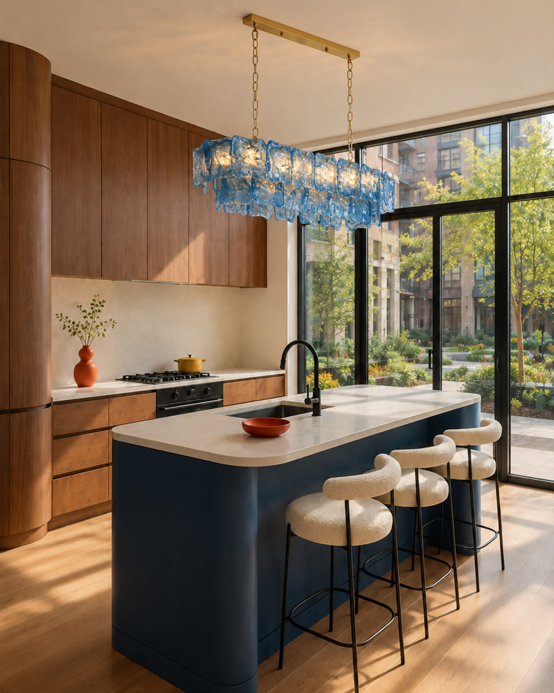 Chiara Murano Glass Contemporary Azure Blue Panel Linear Chandelier - Lux Gold Trim - Kitchen Islands & Dining Rooms