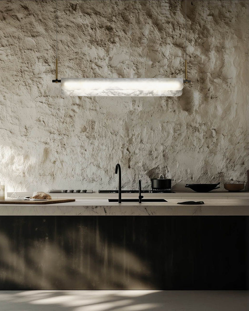 Organic Alabaster Linear Pendant Lightiing with Black Metal Frame for Kitchen Island