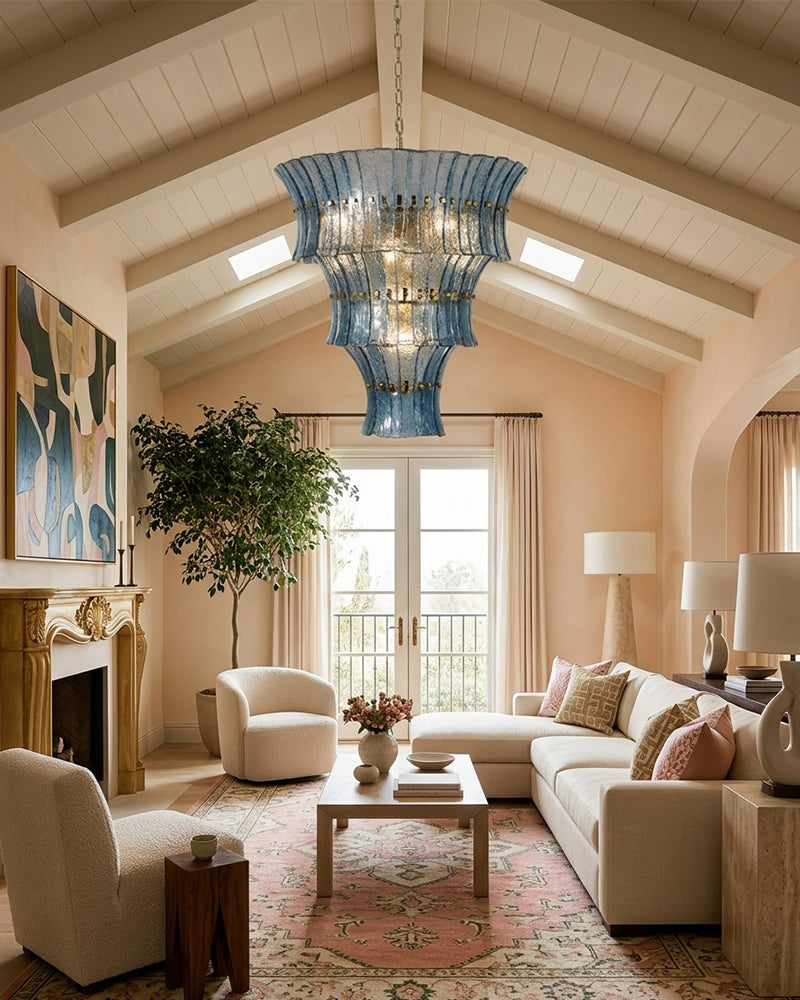 Ghiaccio Glass Atlantic Blue Prism Multi Tiered Waterfall Chandelier - Heritage Brass Trim - Living Room & Dining Room