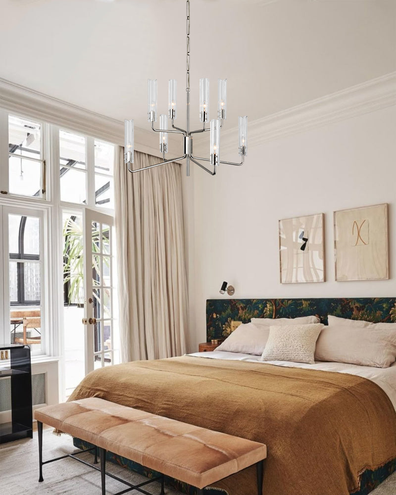 Brushed Chrome Metalwork Chandelier with Textured Slender Clear Glass Cylinders