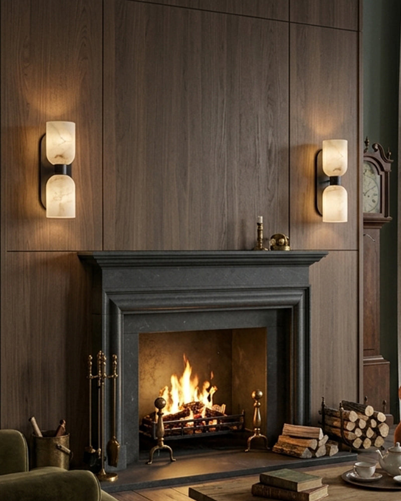 Alabaster Hourglass Capsule Wall Light Sconce - Natural Spanish Alabaster, Serene Brass Trim - Bedrooms, Hallways & Bathrooms
