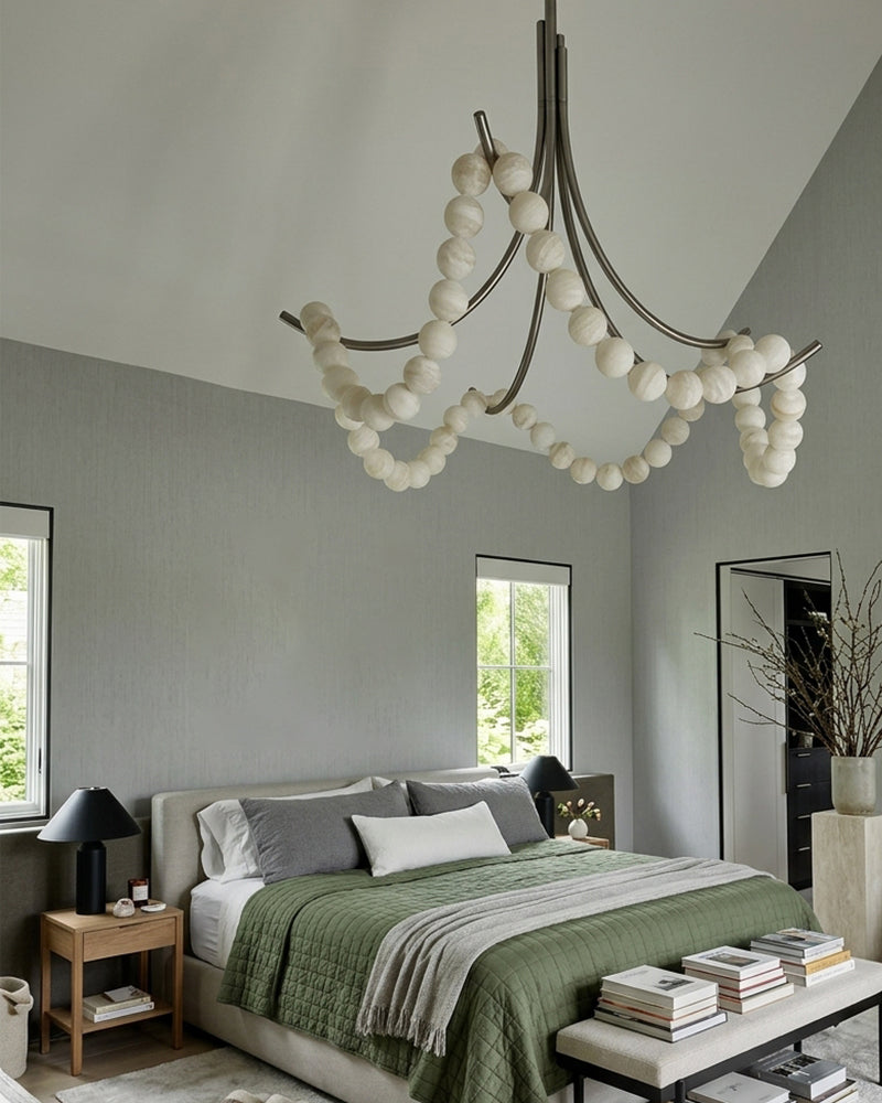 Alabaster Globe Bead Garland Curved Arm Pendant Light - Natural Spanish Alabaster Orbs, Serene Black Trim - Kitchens, Dining & Living Rooms
