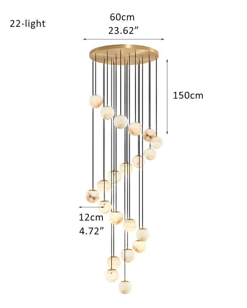 Dimensions of Dia 4.7" 22-light marble pendant lamp with gold mount and black cords