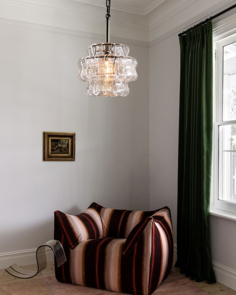 Ghiaccio Glass Round Chandelier Wide 12" in Brass/Bronze Aluminum Chain